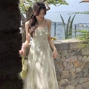 Женское летнее повседневное платье без рукавов с цветочным принтом и оборками, квадратный вырез, длинные платья S зелёный