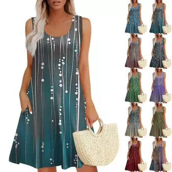 Женское летнее повседневное платье без рукавов с квадратным вырезом и цветочным принтом, с карманами XXXL