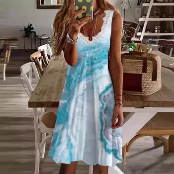 Женское летнее повседневное платье без рукавов с кружевом и V-образным вырезом длиной до колена S