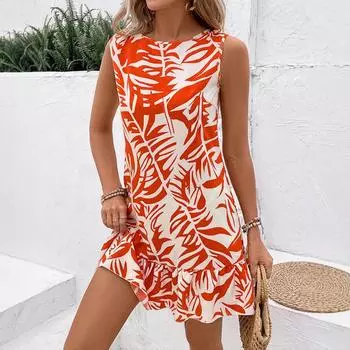Женское летнее повседневное платье без рукавов с принтом листьев S