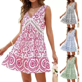 Женское летнее повседневное платье без рукавов с бохо-цветочным принтом для отдыха на пляже S
