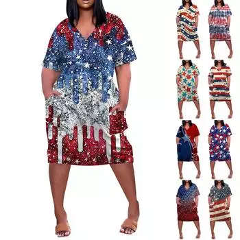 Женское летнее повседневное платье больших размеров с V-образным вырезом и коротким рукавом с карманом до колена L синий