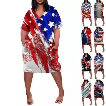 Женское летнее повседневное платье больших размеров с V-образным вырезом и коротким рукавом с карманом до колена L чёрный