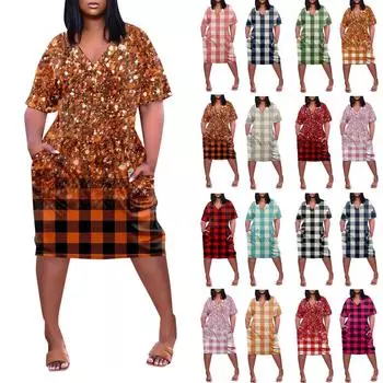 Женское летнее повседневное платье больших размеров с v-образным вырезом и коротким рукавом с принтом и карманами L чёрный