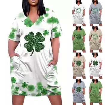 Женское летнее повседневное платье больших размеров с v-образным вырезом и коротким рукавом с карманом до колена L