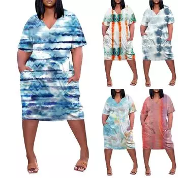 Женское летнее повседневное платье больших размеров с v-образным вырезом и коротким рукавом с карманом до колена XXXL