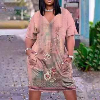 Женское летнее повседневное платье больших размеров с v-образным вырезом и коротким рукавом с карманом до колена в стиле ретро с цветочным принтом L розовый