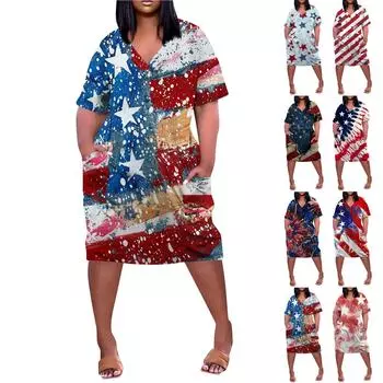 Женское летнее повседневное платье больших размеров с V-образным вырезом и коротким рукавом с карманом до колена L темно-синий