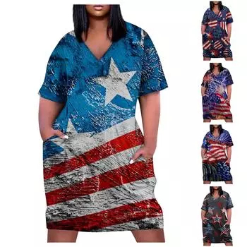 Женское летнее повседневное платье больших размеров с v-образным вырезом и короткими рукавами, принтом в честь Дня независимости и карманом до колена XXXL чёрный
