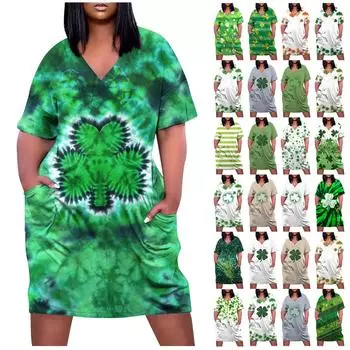 Женское летнее повседневное платье больших размеров с v-образным вырезом и коротким рукавом с карманом до колена L