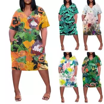 Женское летнее повседневное платье больших размеров с v-образным вырезом и коротким рукавом с карманом до колена L
