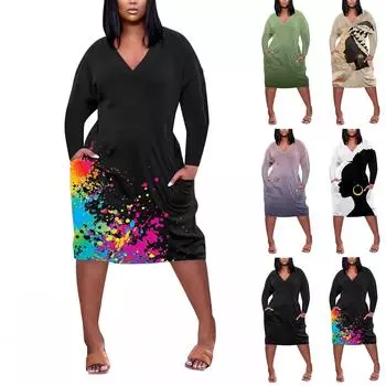 Женское летнее повседневное платье больших размеров с V-образным вырезом и длинным рукавом с карманом до колена L чёрный