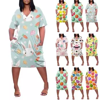 Женское летнее повседневное платье больших размеров с v-образным вырезом и коротким рукавом с принтом и карманами L