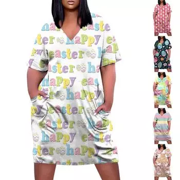 Женское летнее повседневное платье больших размеров с v-образным вырезом и коротким рукавом с карманом до колена L чёрный