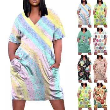 Женское летнее повседневное платье больших размеров с v-образным вырезом и коротким рукавом с карманом до колена L чёрный