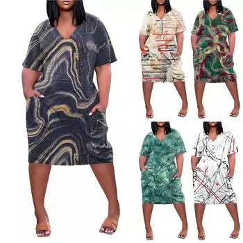 Женское летнее повседневное платье больших размеров с v-образным вырезом и коротким рукавом с карманом до колена XL зелёный