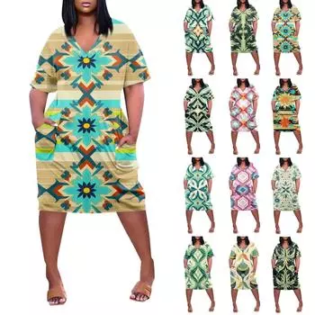 Женское летнее повседневное платье больших размеров с v-образным вырезом и коротким рукавом с принтом и карманами XL