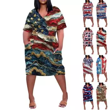 Женское летнее повседневное платье больших размеров с V-образным вырезом и коротким рукавом с карманом до колена L синий