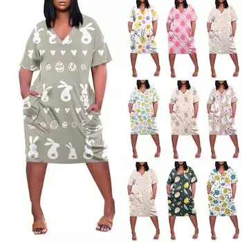 Женское летнее повседневное платье больших размеров с v-образным вырезом и коротким рукавом с принтом и карманами L синий