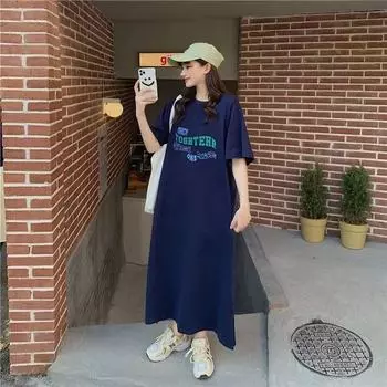 Женское летнее повседневное платье большого размера с принтом, простое платье-футболка с короткими рукавами M тёмно-синий