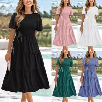 Женское летнее повседневное платье длиной до колена с коротким рукавом и V-образным вырезом, с эластичной резинкой на талии XXL темно-зеленого