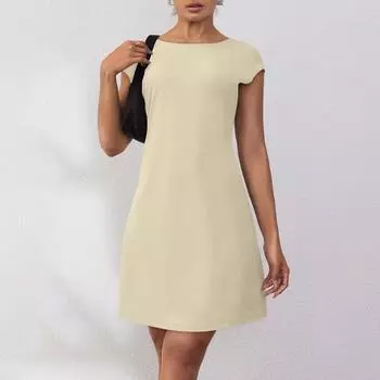 Женское летнее повседневное платье-футболка с открытой спиной и короткими рукавами, вечерние платья с круглым вырезом L бежевый