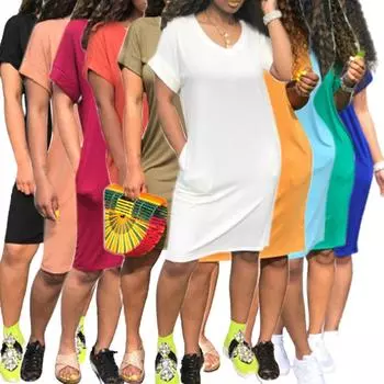 Женское летнее повседневное платье-футболка с v-образным вырезом, короткими рукавами и карманами средней длины XXL чёрный