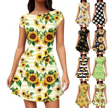 Женское летнее повседневное платье-футболка с открытой спиной и принтом, шляпой и рукавами, вечернее платье с круглым вырезом L чёрный