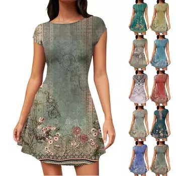 Женское летнее повседневное платье-футболка с открытой спиной и принтом, шляпой и рукавами, вечернее платье с круглым вырезом L