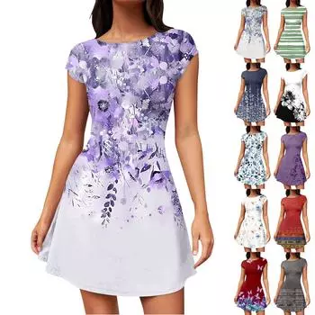 Женское летнее повседневное платье-футболка с открытой спиной и принтом, шляпой и рукавами, вечернее платье с круглым вырезом M тёмно-синий