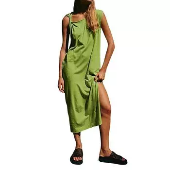 Женское летнее повседневное платье-футболка с витыми рукавами и вырезом, свободное платье миди с боковым разрезом и карманами L чёрный