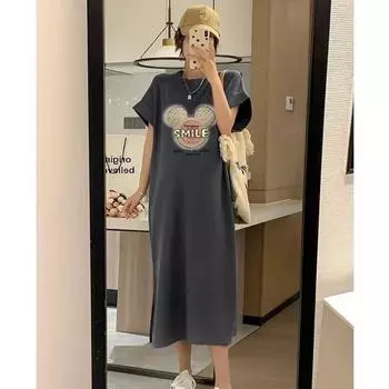 Женское летнее повседневное платье-футболка с короткими рукавами и рукавами-крылышками, повседневное платье с разрезом L темно-серого