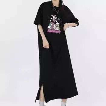 Женское летнее повседневное платье-футболка с короткими рукавами, большой размер, утягивающее платье средней длины M чёрный