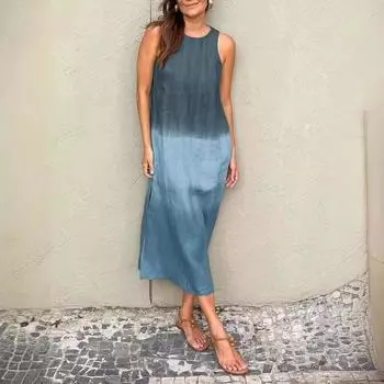 Женское летнее повседневное платье из хлопка и льна без рукавов с градиентным разрезом XS синий