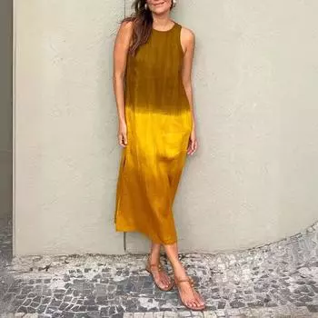 Женское летнее повседневное платье из хлопка и льна без рукавов с разрезом и градиентом XS светло-коричневого