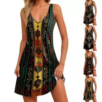 Женское летнее повседневное платье-майка с принтом в стиле бохо и карманом L чёрный