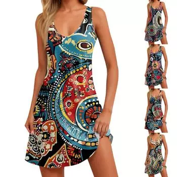 Женское летнее повседневное платье-майка с принтом в стиле бохо и карманом L циан