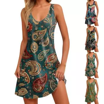 Женское летнее повседневное платье-майка с принтом в стиле бохо и карманом L циан