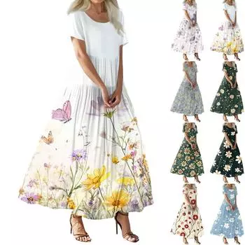 Женское летнее повседневное платье макси с цветочным принтом, короткими рукавами, круглым вырезом, высокой талией, многослойным струящимся бохо-платьем XL