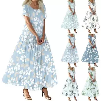 Женское летнее повседневное платье макси с цветочным принтом, короткими рукавами, круглым вырезом, высокой талией, многослойным струящимся бохо-платьем XXL