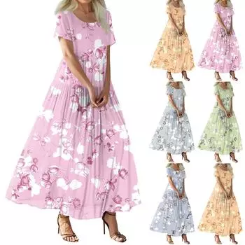 Женское летнее повседневное платье макси с цветочным принтом, короткими рукавами, круглым вырезом, высокой талией, многослойным струящимся бохо-платьем M зелёный