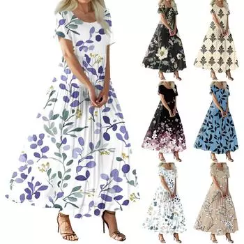 Женское летнее повседневное платье макси с цветочным принтом, короткими рукавами, круглым вырезом, высокой талией, многослойным струящимся бохо-платьем M чёрный