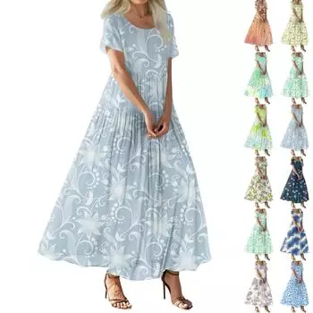 Женское летнее повседневное платье макси с цветочным принтом, короткими рукавами, круглым вырезом, высокой талией, многослойным струящимся бохо-платьем M