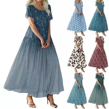 Женское летнее повседневное платье макси с цветочным принтом, короткими рукавами, круглым вырезом, высокой талией, многослойным струящимся бохо-платьем L