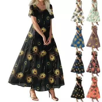 Женское летнее повседневное платье макси с цветочным принтом, короткими рукавами, круглым вырезом, высокой талией, многослойным струящимся бохо-платьем XL чёрный