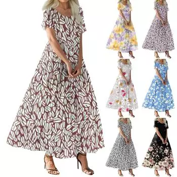 Женское летнее повседневное платье макси с цветочным принтом, короткими рукавами, круглым вырезом, высокой талией, многослойным струящимся бохо-платьем S
