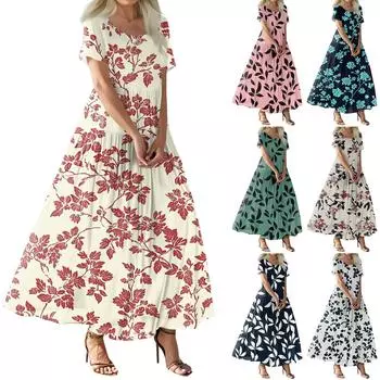 Женское летнее повседневное платье макси с цветочным принтом, короткими рукавами, круглым вырезом, высокой талией, многослойным струящимся бохо-платьем L бежевый
