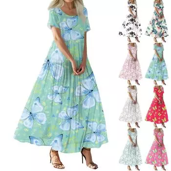 Женское летнее повседневное платье макси с цветочным принтом, короткими рукавами, круглым вырезом, высокой талией, многослойным струящимся бохо-платьем M розовый