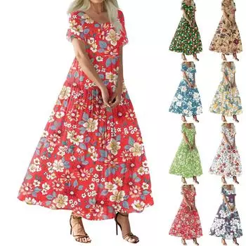 Женское летнее повседневное платье макси с цветочным принтом, короткими рукавами, круглым вырезом, высокой талией, многослойным струящимся бохо-платьем XL зелёный
