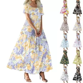 Женское летнее повседневное платье макси с цветочным принтом, короткими рукавами, круглым вырезом, высокой талией, многослойным струящимся бохо-платьем XL зелёный